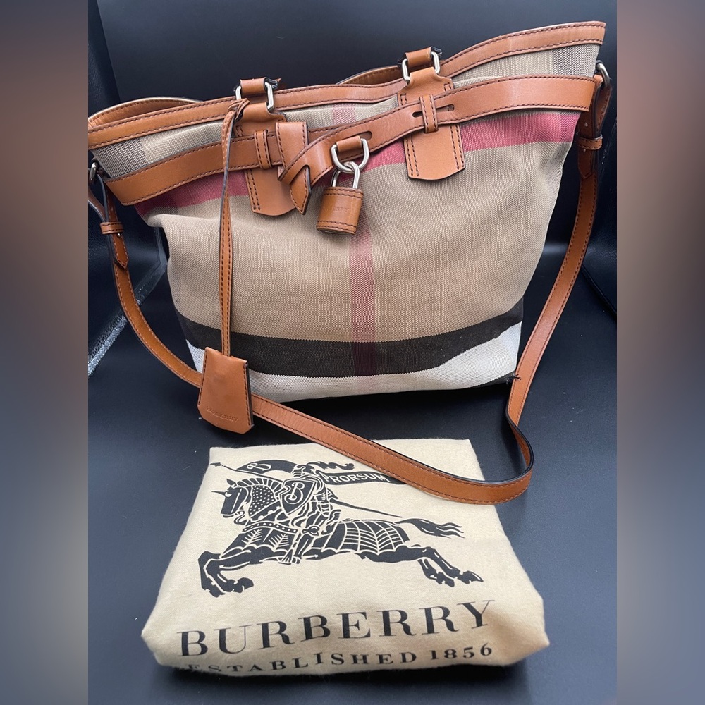 Burberry Canvas Mega Check Medium Traveler Tote Saddle Brown